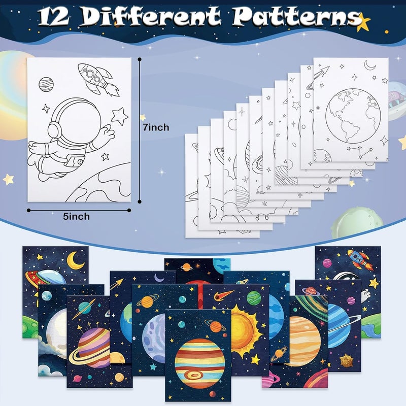Anseal 12 Packs Planet Pre Drawn Canvas to Paint, Pre Printed Canvas for Adults, Space Planet Party Favors, Pre Stretched Canvas Outline Painting Boards for Beginners, Party Favor - Image 2